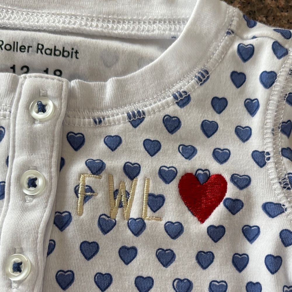Roller Rabbit (2) SETS W/ INITIALS Blue White Monkey/Heart set Pajama Set-12/18 - Picture 3 of 14